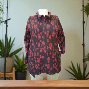 Creation Red & Black Long Sleeve Collared Ribbed Knit Tunic Women's XL